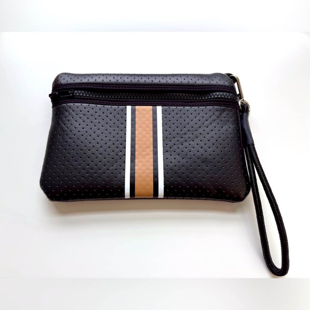 Haute Shore Black Zippered Wristlet w/ Tan & White Stripe